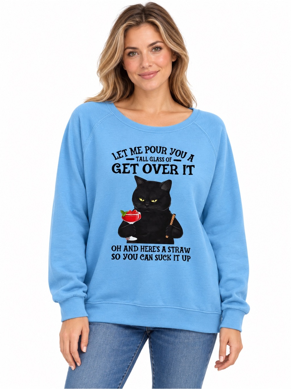Light Blue Cat Graphic Sweatshirt for Women